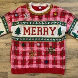 Holiday Time Red and Pink Plaid Sweater